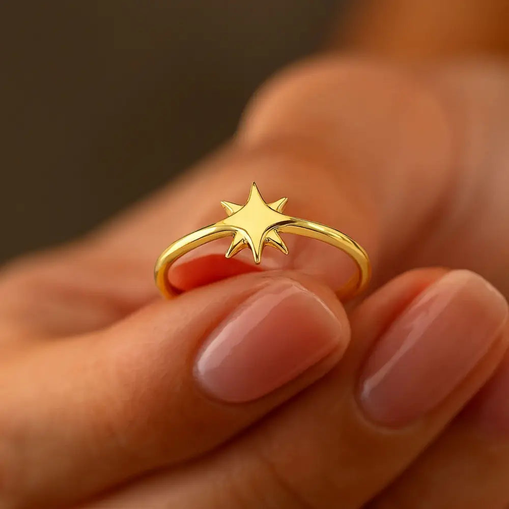 14K Solid Gold North Star Ring Celestial Starburst Design - Rings