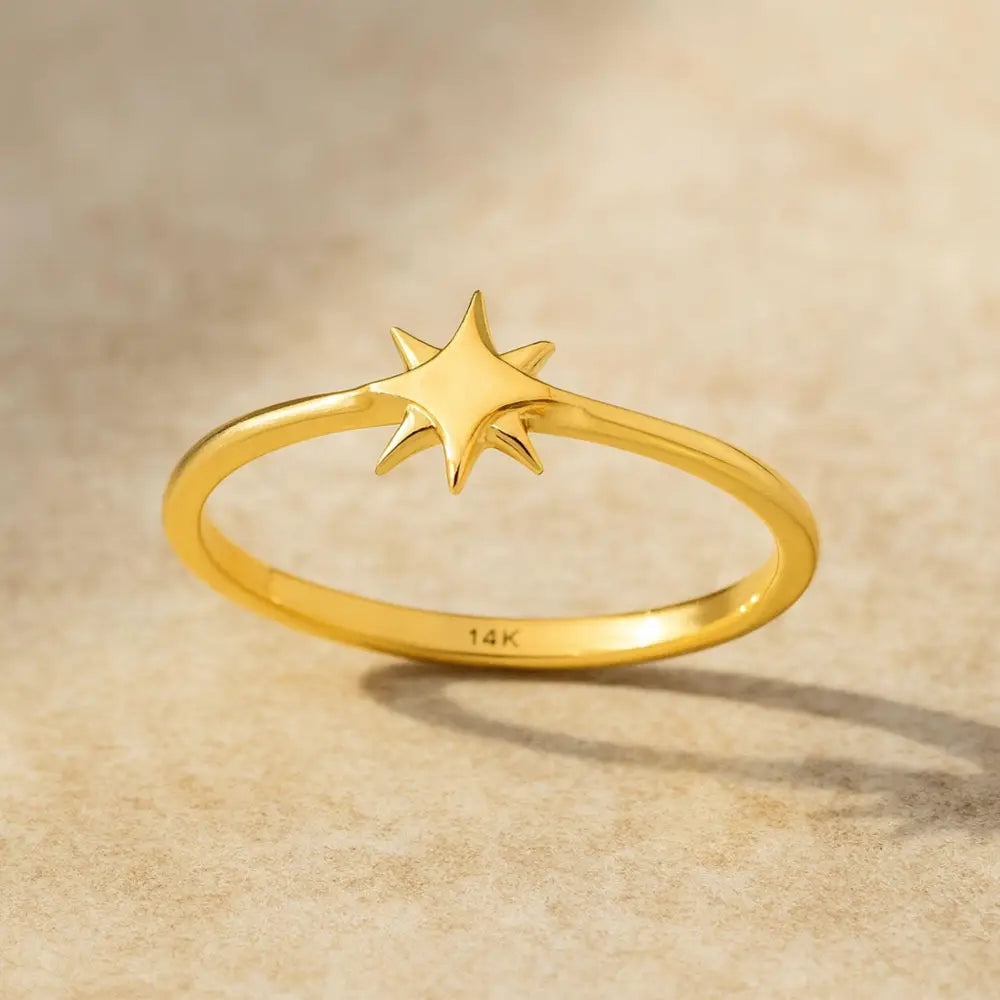 14K Solid Gold North Star Ring Celestial Starburst Design - Rings