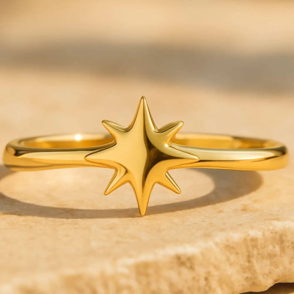 14K Solid Gold North Star Ring Celestial Starburst Design - Rings