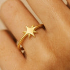 14K Solid Gold North Star Ring Celestial Starburst Design - Rings
