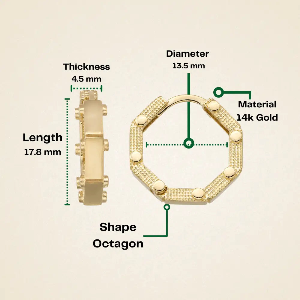 14K Solid Gold Octagon Hoop Earrings | 17.8mm Thick Huggie Hoops for Women - Hoop Earrings