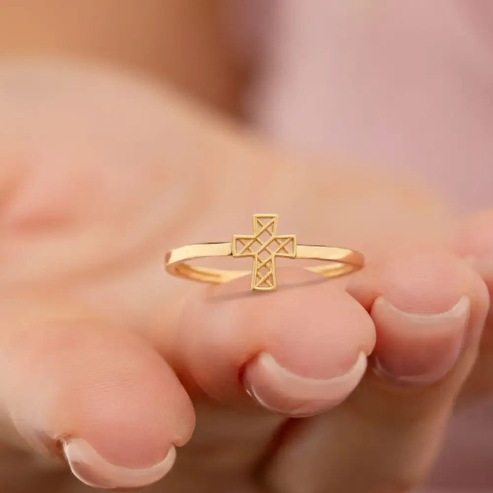 14K Solid Gold Open Cross Ring Minimalist Religious Jewelry