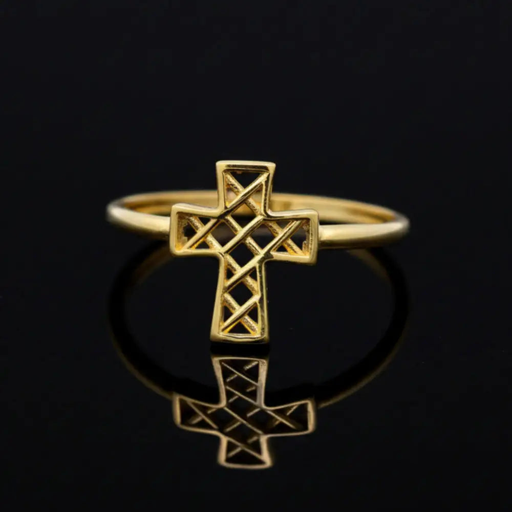 14K Solid Gold Open Cross Ring Minimalist Religious Jewelry