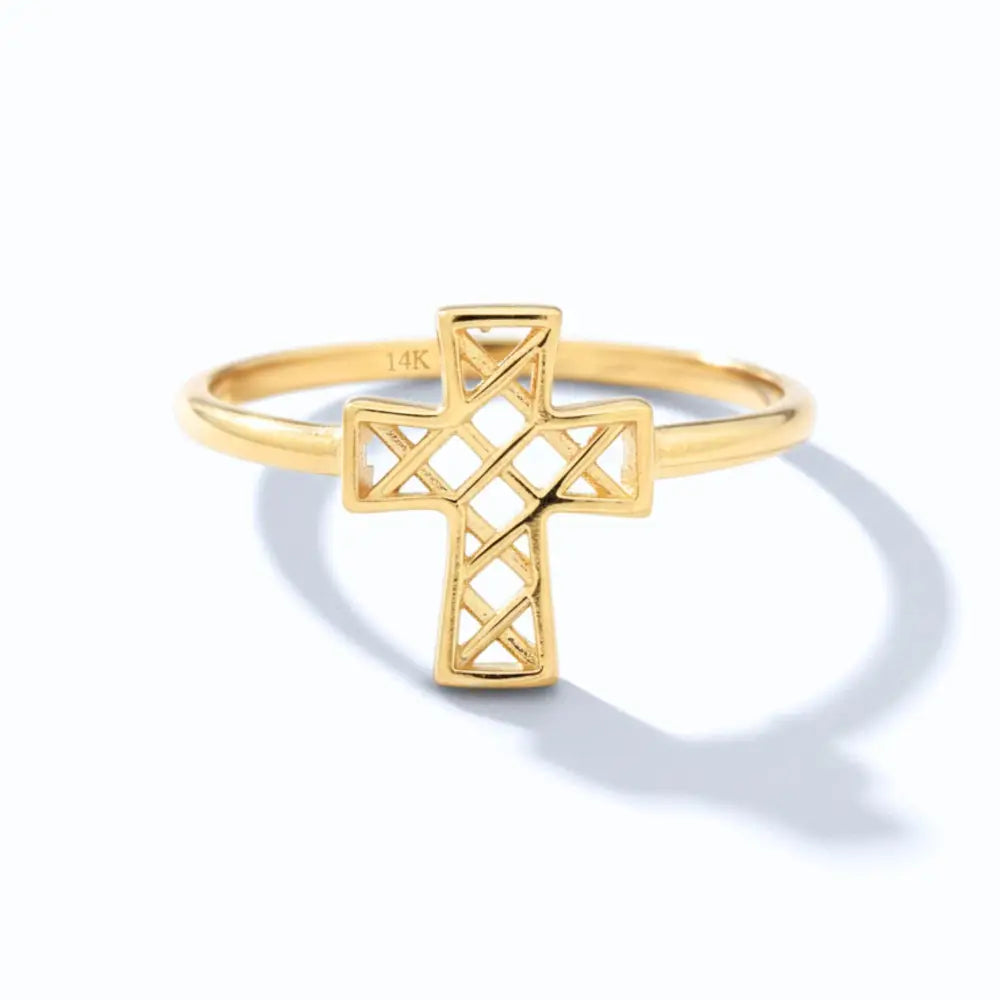 14K Solid Gold Open Cross Ring Minimalist Religious Jewelry