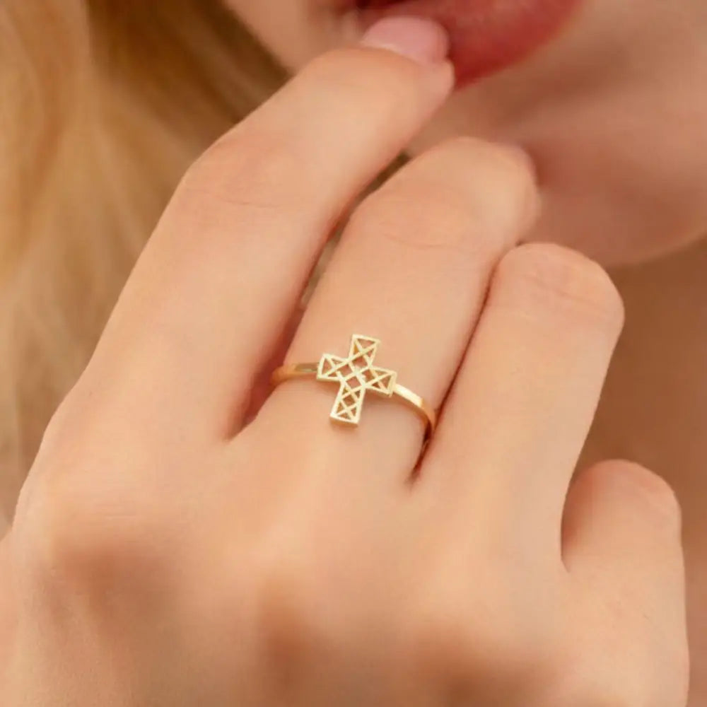 14K Solid Gold Open Cross Ring Minimalist Religious Jewelry
