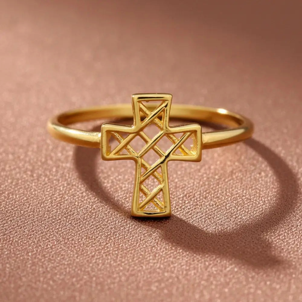 14K Solid Gold Open Cross Ring Minimalist Religious Jewelry