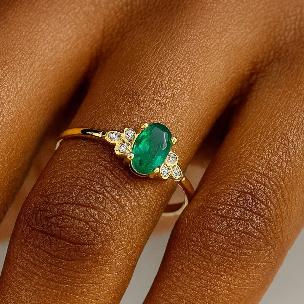 14K Solid Gold Oval Emerald Engagement Ring with Simulated Diamond Accents