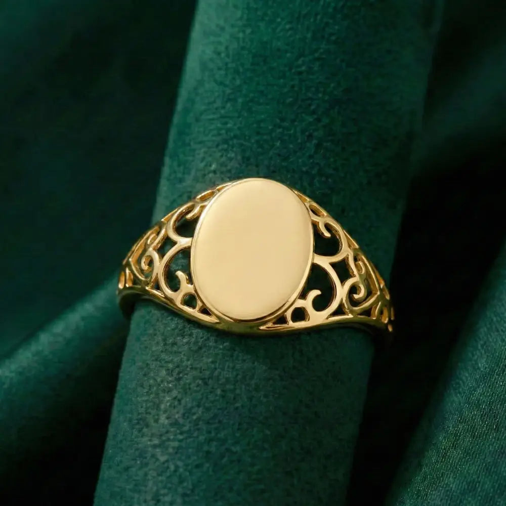 14K Solid Gold Oval Signet Ring Filigree Detail Minimal Classic Jewelry for Women