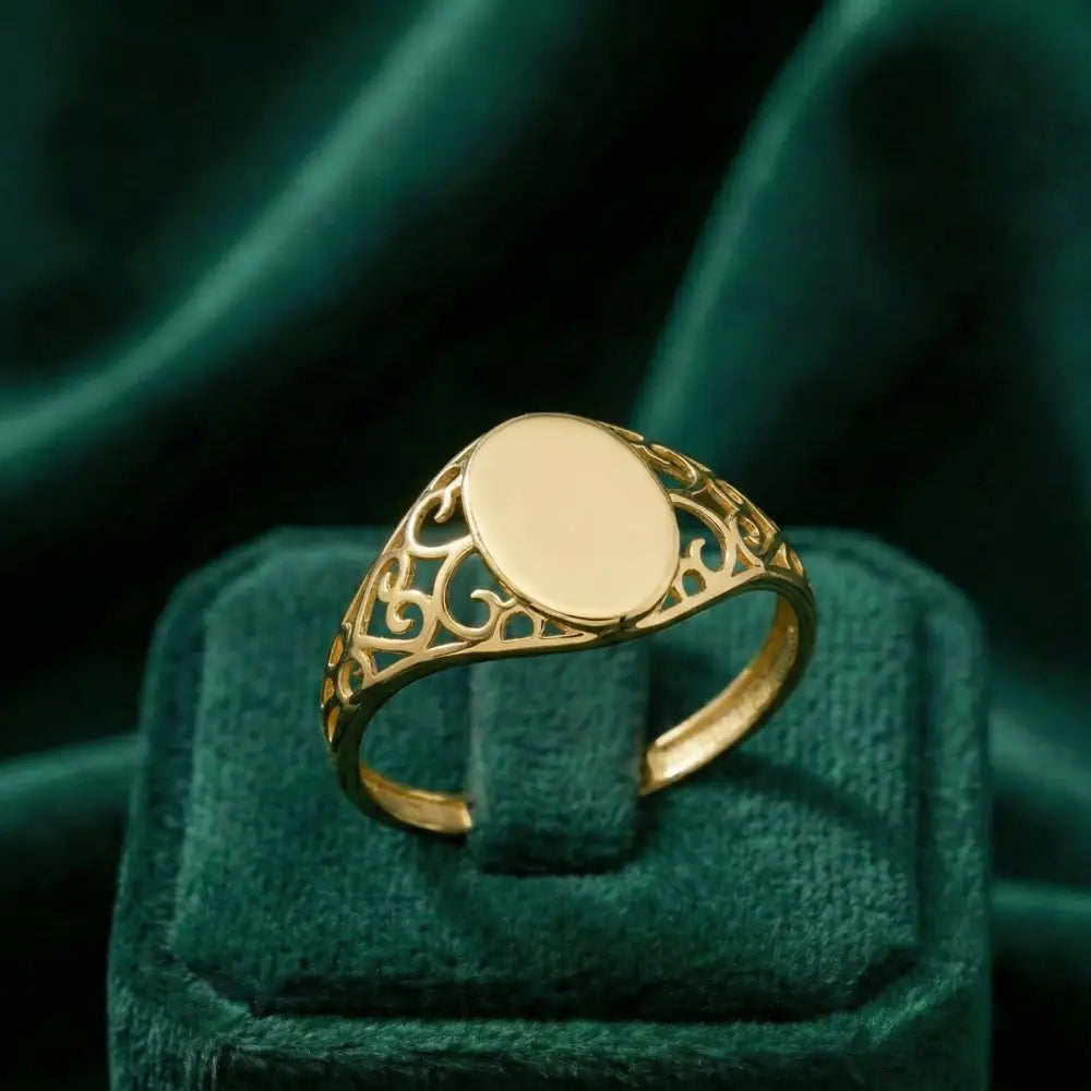 14K Solid Gold Oval Signet Ring Filigree Detail Minimal Classic Jewelry for Women
