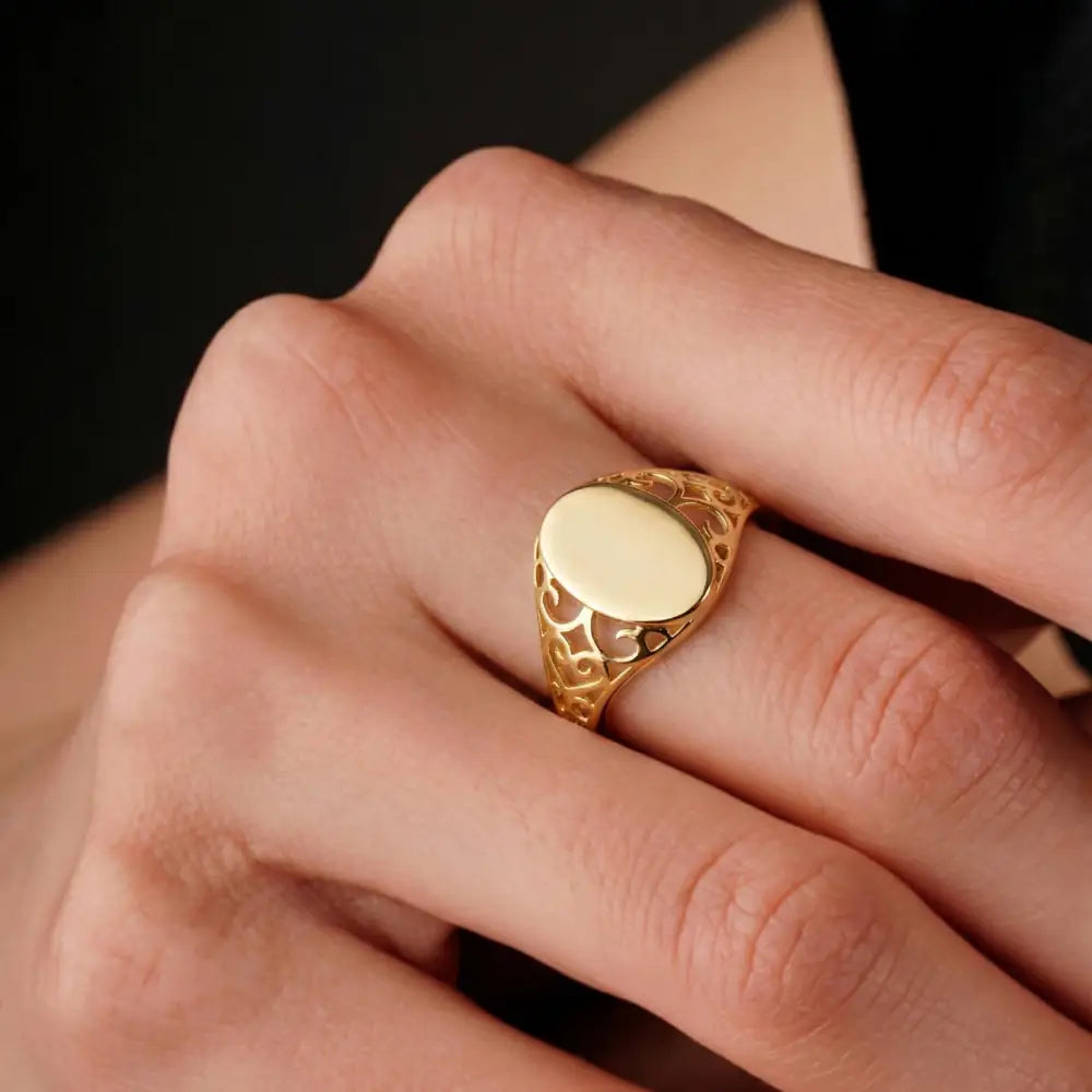 14K Solid Gold Oval Signet Ring Filigree Detail Minimal Classic Jewelry for Women