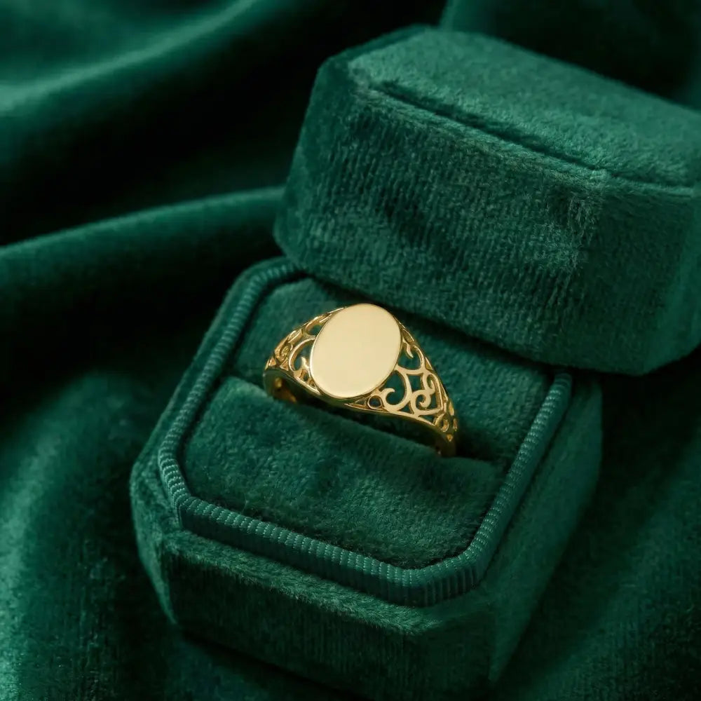 14K Solid Gold Oval Signet Ring Filigree Detail Minimal Classic Jewelry for Women