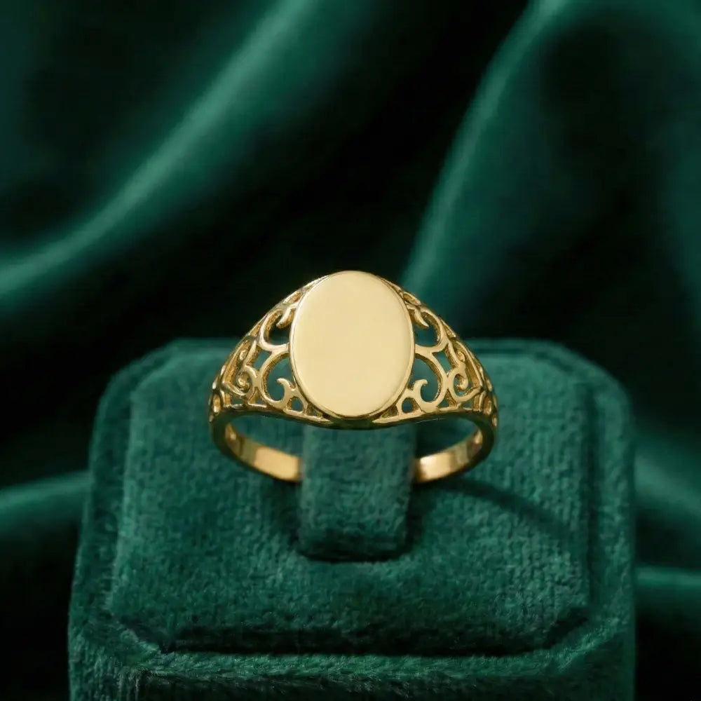 14K Solid Gold Oval Signet Ring Filigree Detail Minimal Classic Jewelry for Women