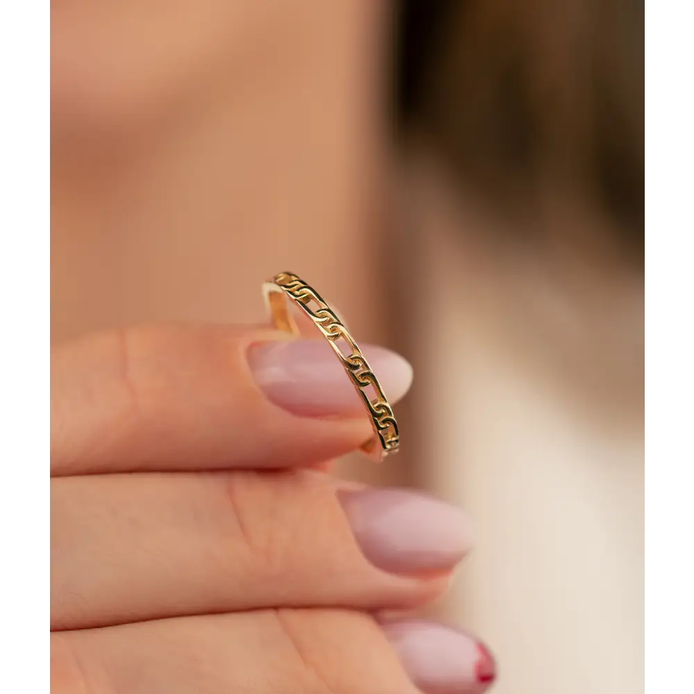 14K Solid Gold Paper Clip Link Bangle Ring - Rings