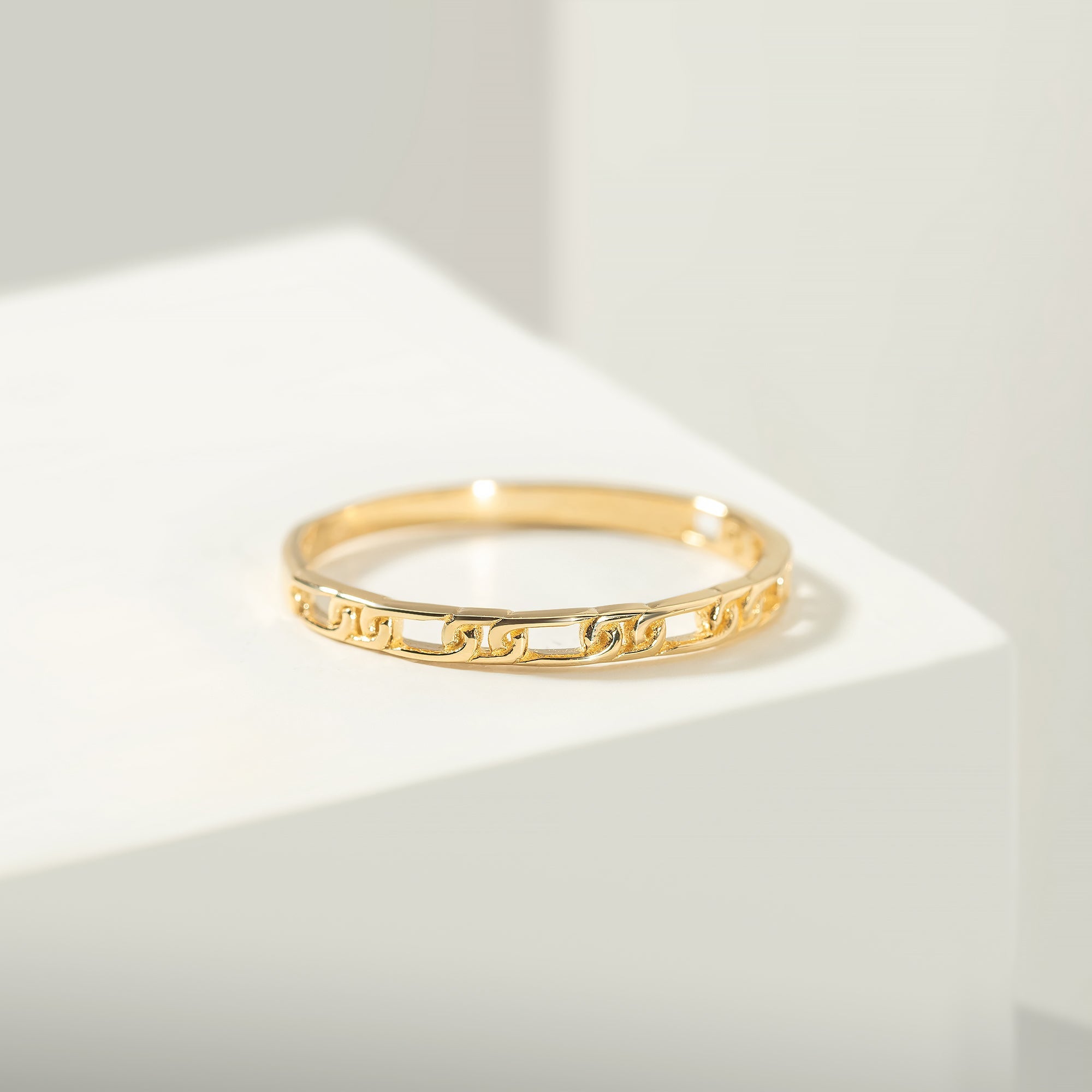 14K Solid Gold Paper Clip Link Bangle Ring - Rings