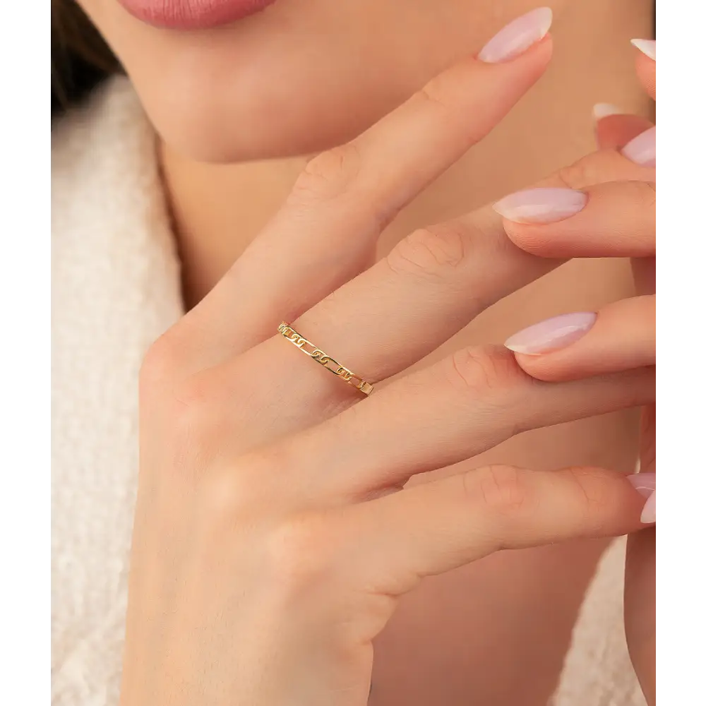 14K Solid Gold Paper Clip Link Bangle Ring - Rings