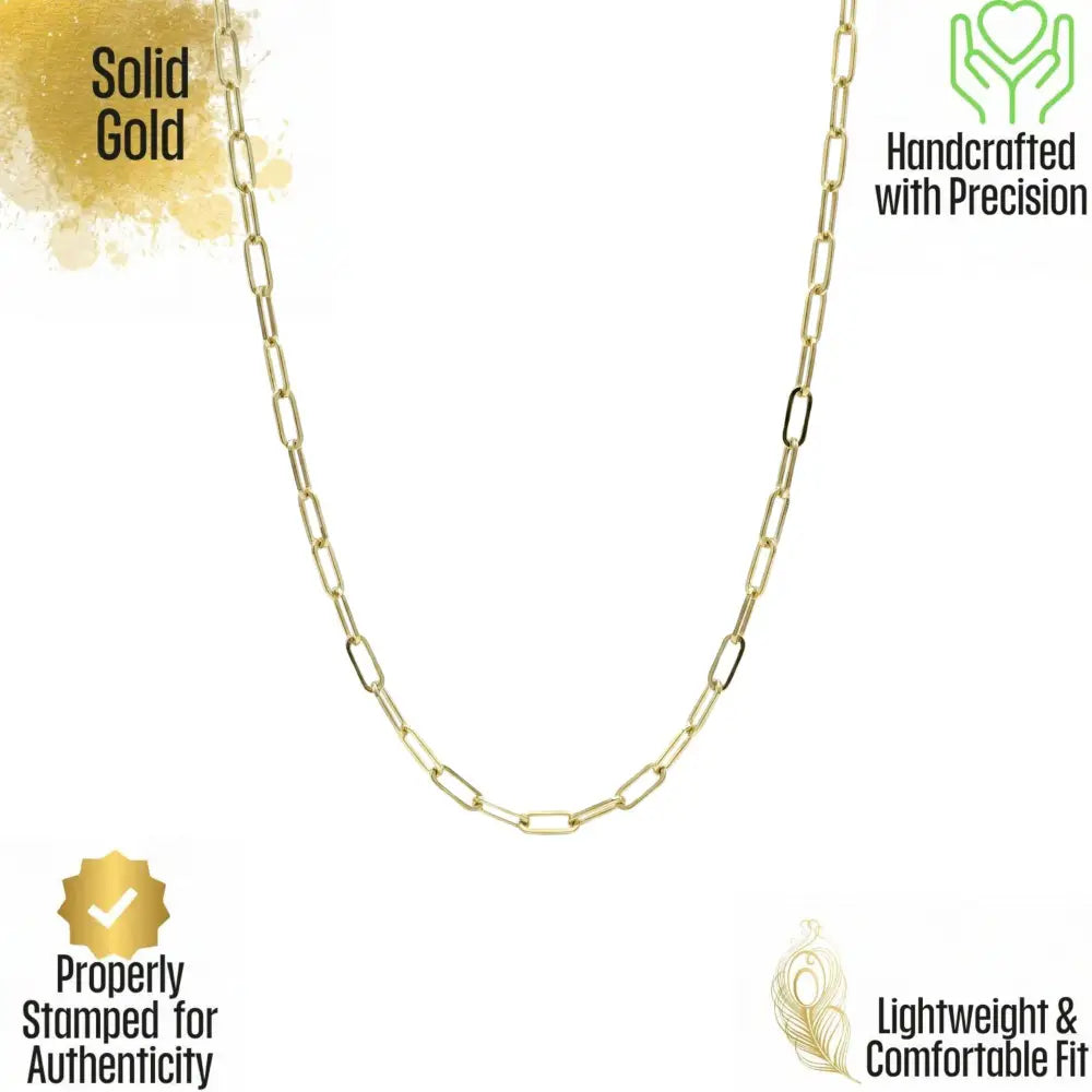 14K Solid Gold Paperclip Chain Necklace 1.9mm 2.2mm 3.4mm 16 18 20 Inch Trendy Rectangle Link Minimalist Jewelry Gift
