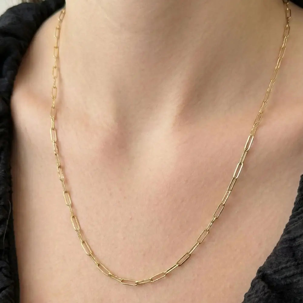 14K Solid Gold Paperclip Chain Necklace 1.9mm 2.2mm 3.4mm 16 18 20 Inch Trendy Rectangle Link Minimalist Jewelry Gift
