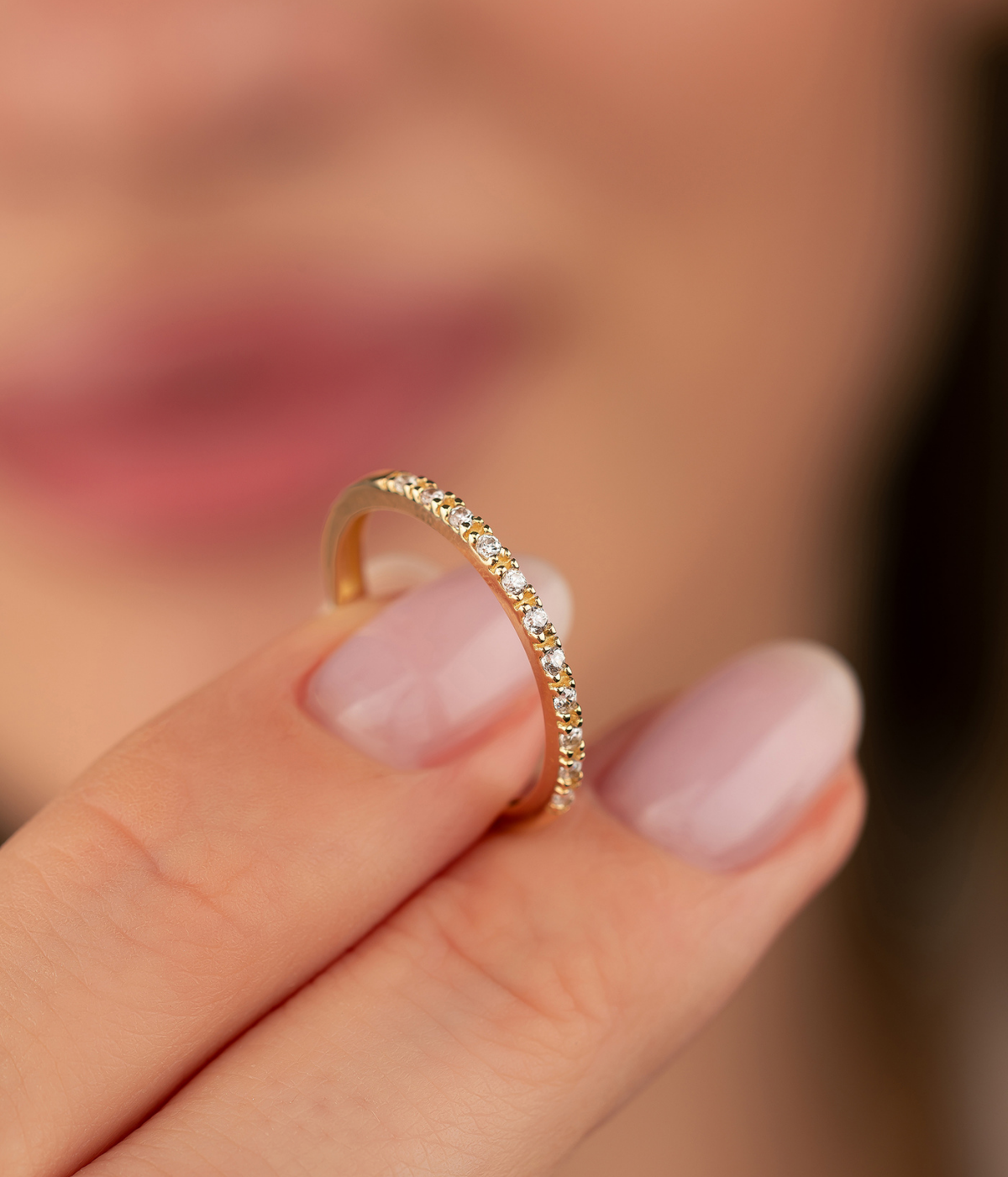 14K Solid Gold Pave Ring with CZ - Rings