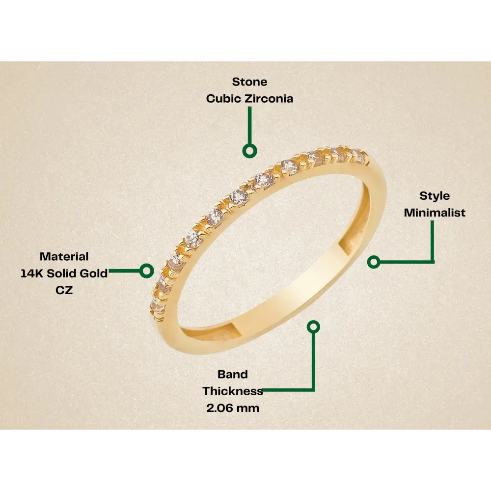 14K Solid Gold Pave Wedding Band with Simulated Diamonds Dainty CZ Ring