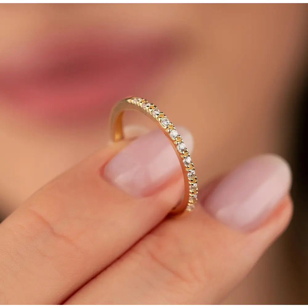 14K Solid Gold Pave Wedding Band with Simulated Diamonds Dainty CZ Ring