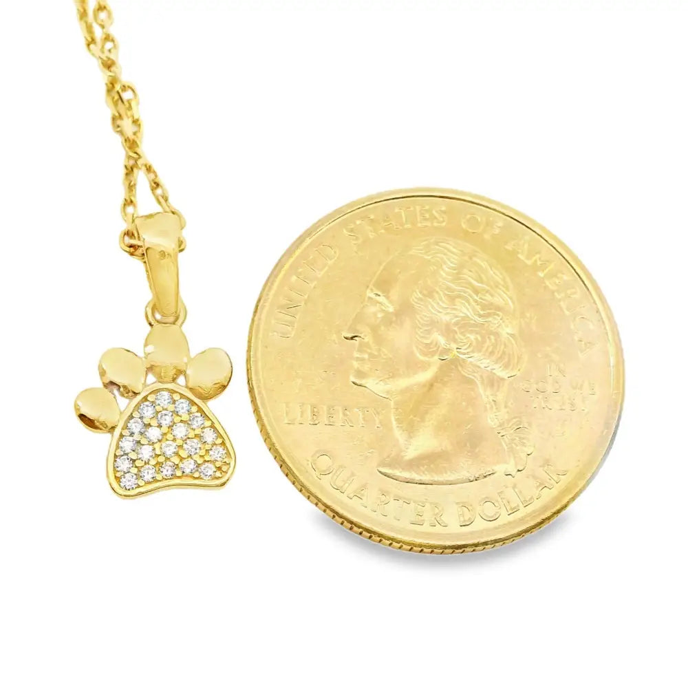 14K Solid Gold Paw Print Necklace Sparkling Pet Lover Pendant Charm Dog Mom Jewelry Cat Memorial Gift Tiny Animal Disc