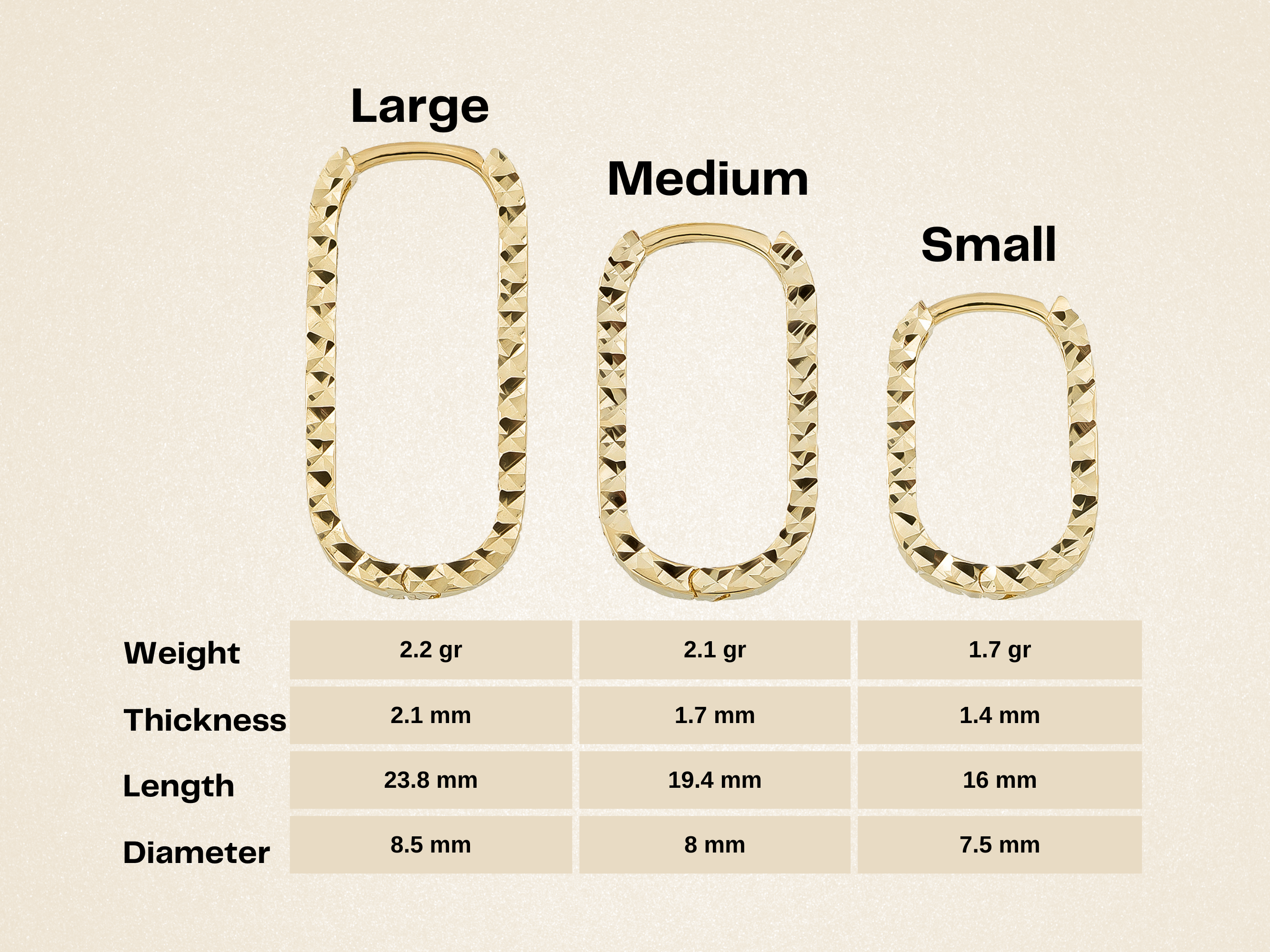 14K Solid Gold Rectangle Huggie Earrings – Tiny Diamond-Cut Oval Hoops (16mm 19mm 24mm) - Hoop Earrings