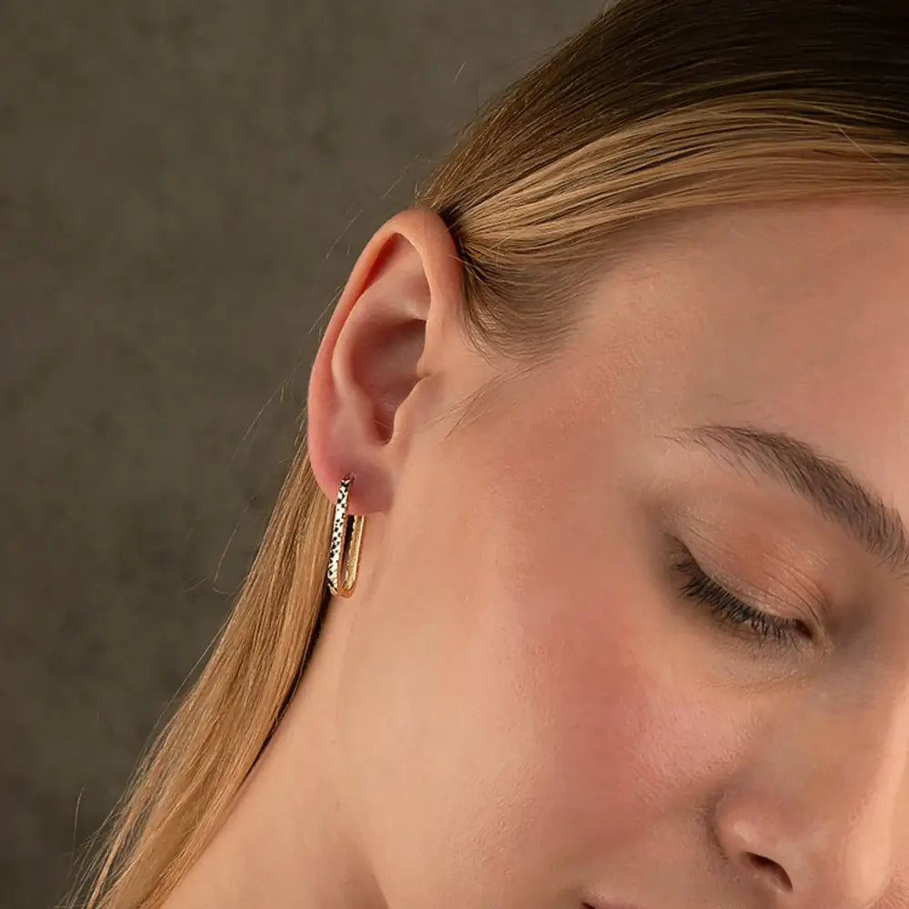 14K Solid Gold Rectangle Huggie Earrings – Tiny Diamond-Cut Oval Hoops (16mm 19mm 24mm) - Hoop Earrings