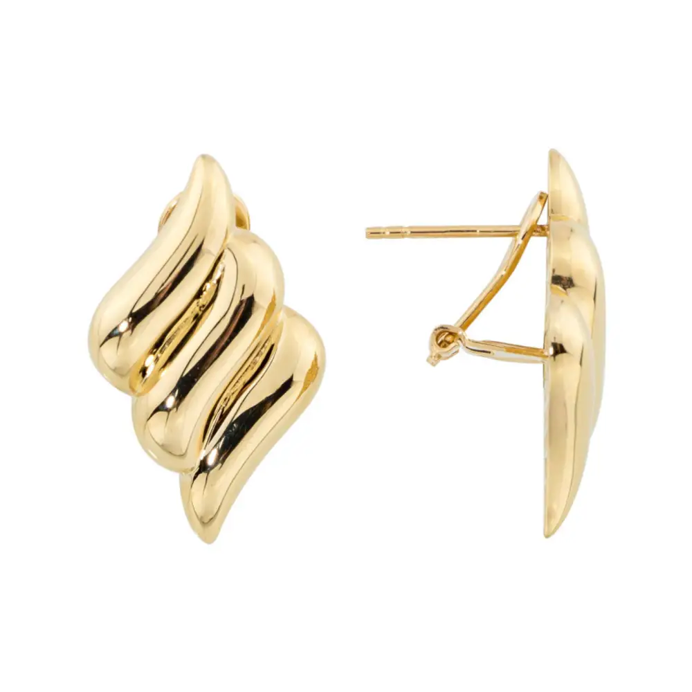 14K Solid Gold Ribbed Hinged Omega Back Earrings - Earrings