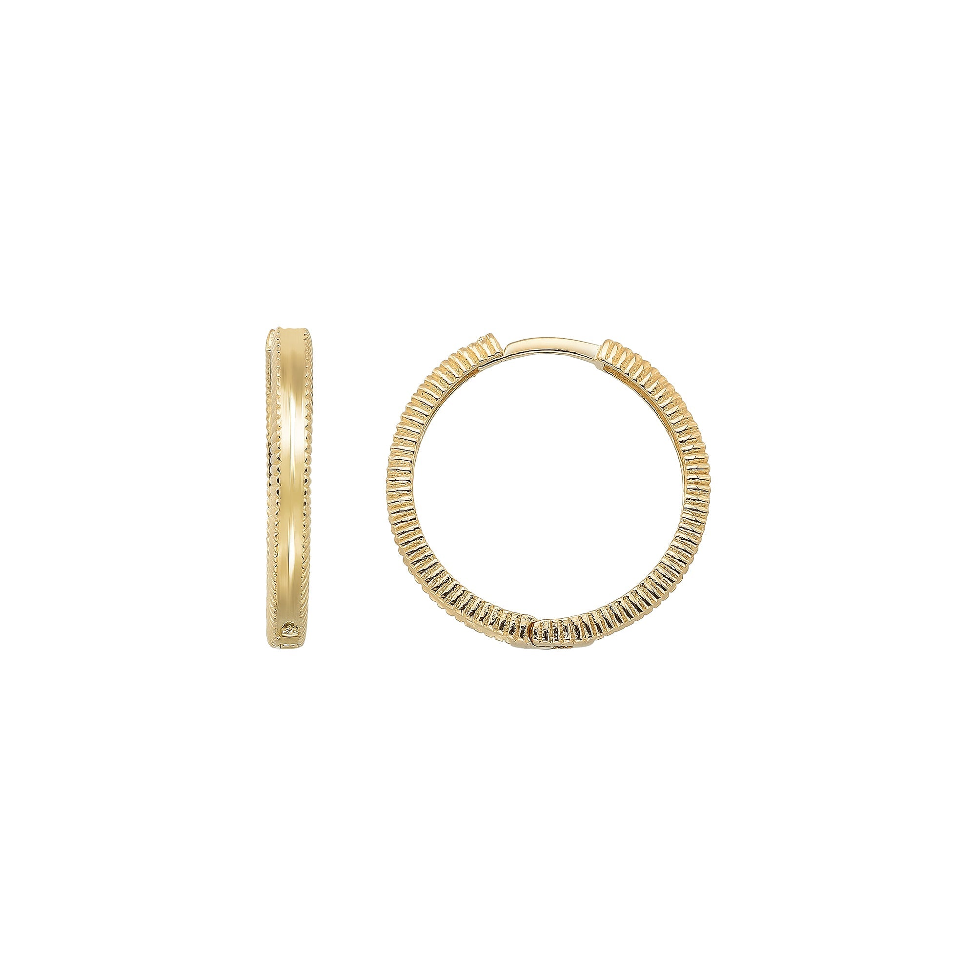 14K Solid Gold Ribbed Huggie Hoop Earrings | 19mm Everyday Hoops for Women - Single (1 Earring) / 14K Yellow Gold