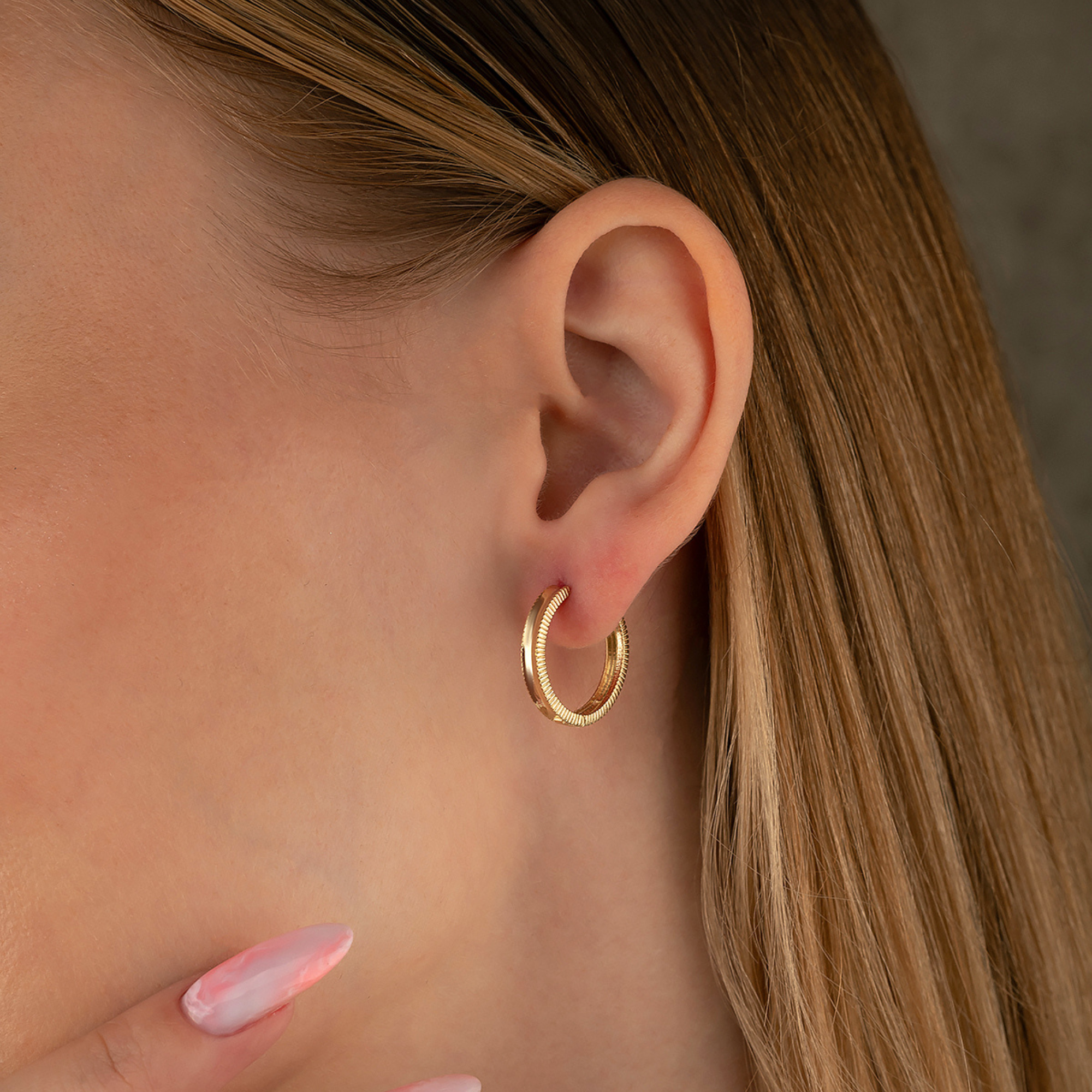 14K Solid Gold Ribbed Huggie Hoop Earrings | 19mm Everyday Hoops for Women - Hoop Earrings