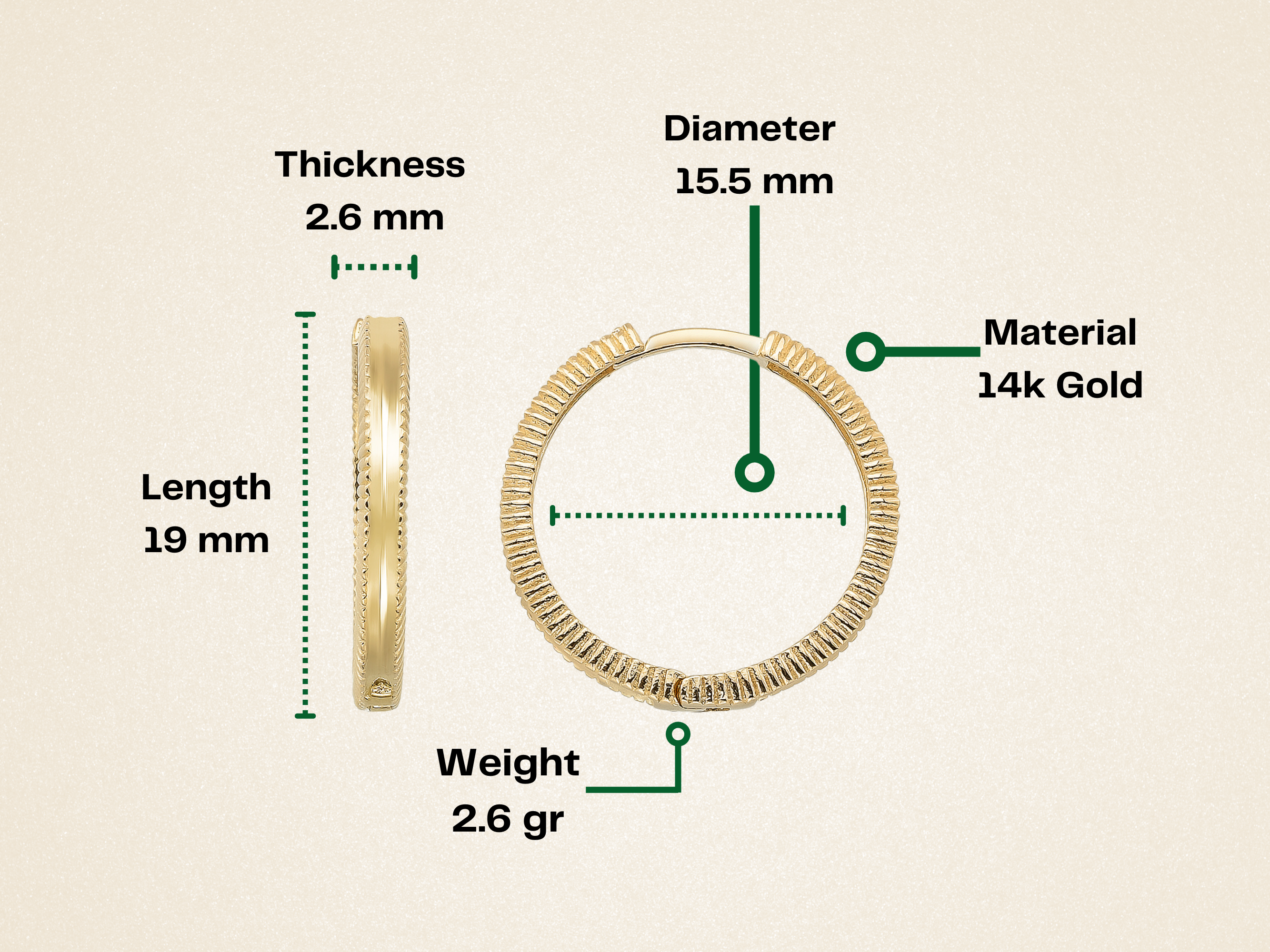 14K Solid Gold Ribbed Huggie Hoop Earrings | 19mm Everyday Hoops for Women - Hoop Earrings