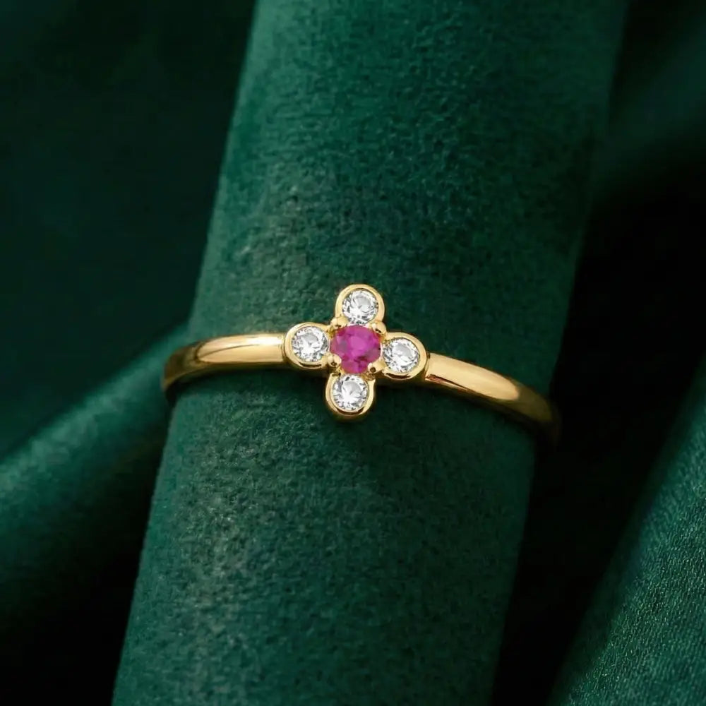 14K Solid Gold Ring Ruby & CZ Stones Cross Design Elegant Handmade Jewelry