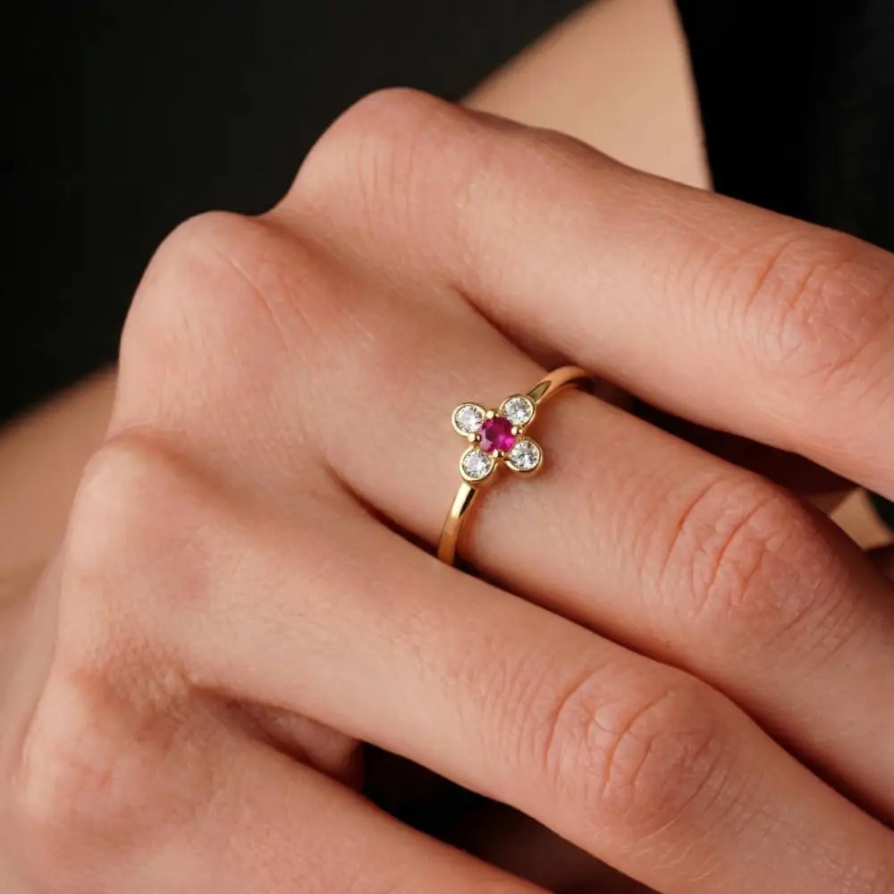 14K Solid Gold Ring Ruby & CZ Stones Cross Design Elegant Handmade Jewelry