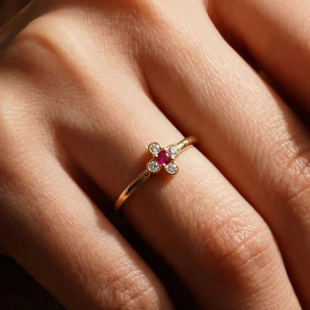 14K Solid Gold Ring Ruby & CZ Stones Cross Design Elegant Handmade Jewelry