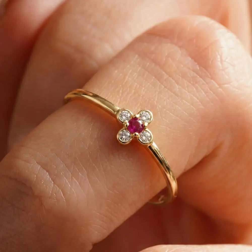 14K Solid Gold Ring Ruby & CZ Stones Cross Design Elegant Handmade Jewelry