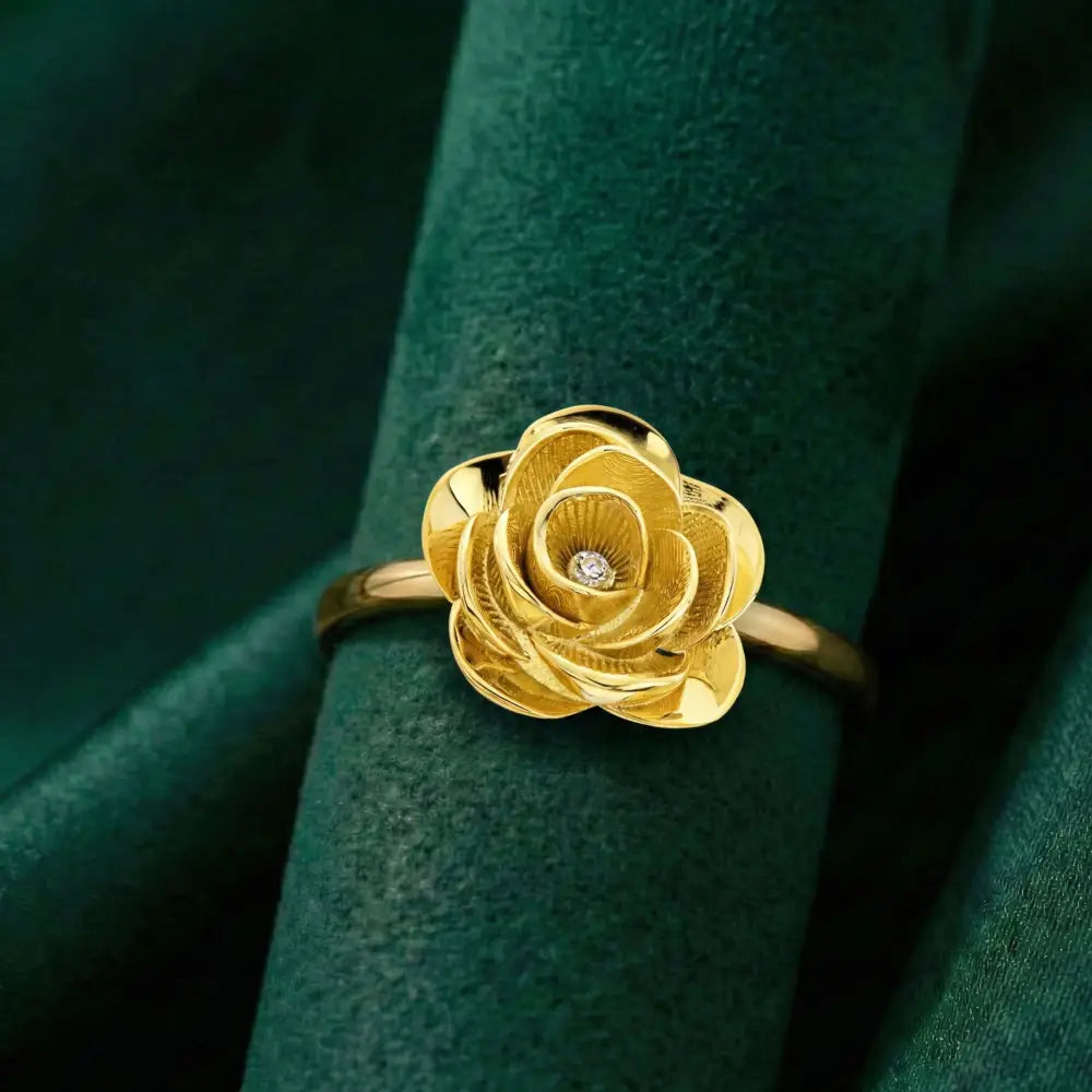14K Solid Gold Rose Ring 1.8mm Yellow Floral Band for Lover 3D Floral Cubic Zicronia Accent Statement Jewelry for Her