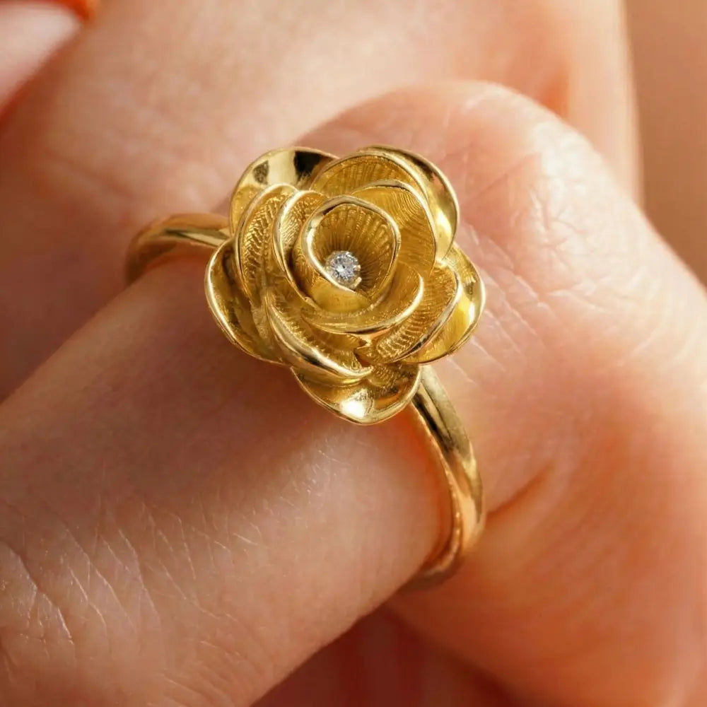 14K Solid Gold Rose Ring 1.8mm Yellow Floral Band for Lover 3D Floral Cubic Zicronia Accent Statement Jewelry for Her