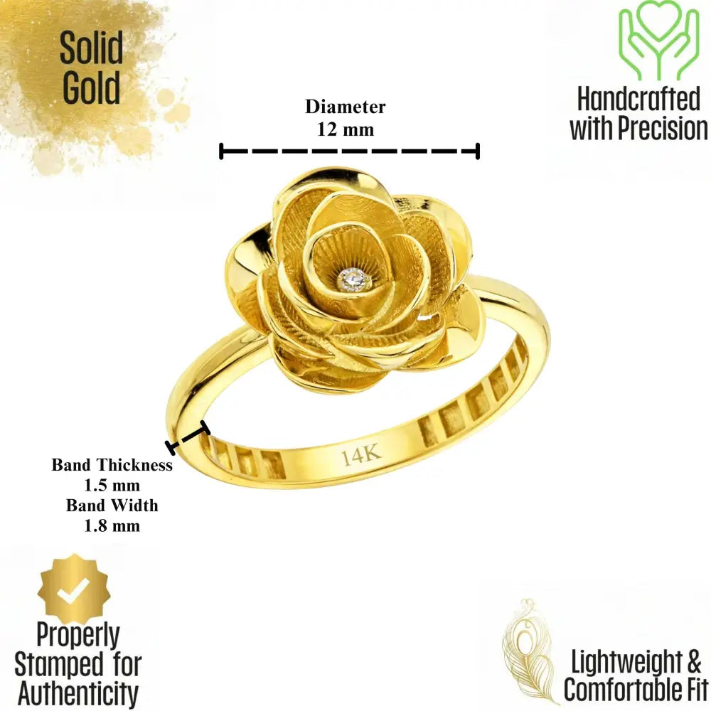 14K Solid Gold Rose Ring 1.8mm Yellow Floral Band for Lover 3D Floral Cubic Zicronia Accent Statement Jewelry for Her