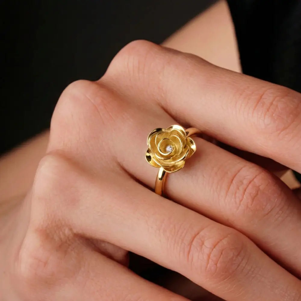 14K Solid Gold Rose Ring 1.8mm Yellow Floral Band for Lover 3D Floral Cubic Zicronia Accent Statement Jewelry for Her