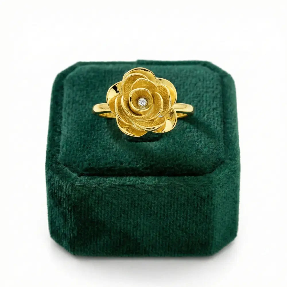 14K Solid Gold Rose Ring 1.8mm Yellow Floral Band for Lover 3D Floral Cubic Zicronia Accent Statement Jewelry for Her