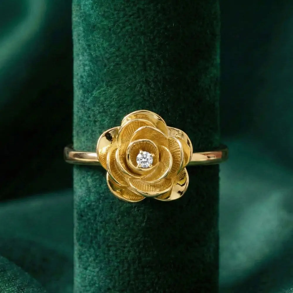 14K Solid Gold Rose Ring 1.8mm Yellow Floral Band for Lover 3D Floral Cubic Zicronia Accent Statement Jewelry for Her