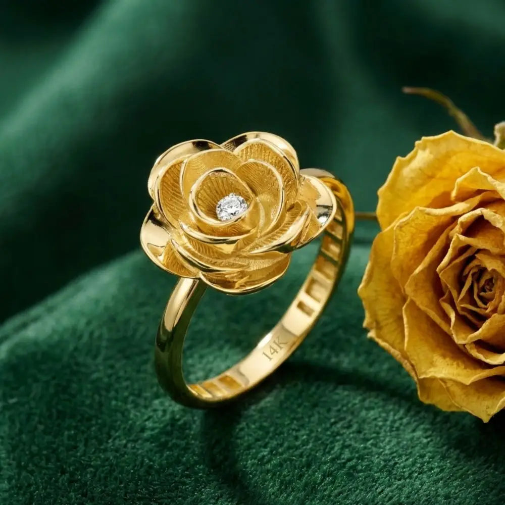 14K Solid Gold Rose Ring 1.8mm Yellow Floral Band for Lover 3D Floral Cubic Zicronia Accent Statement Jewelry for Her