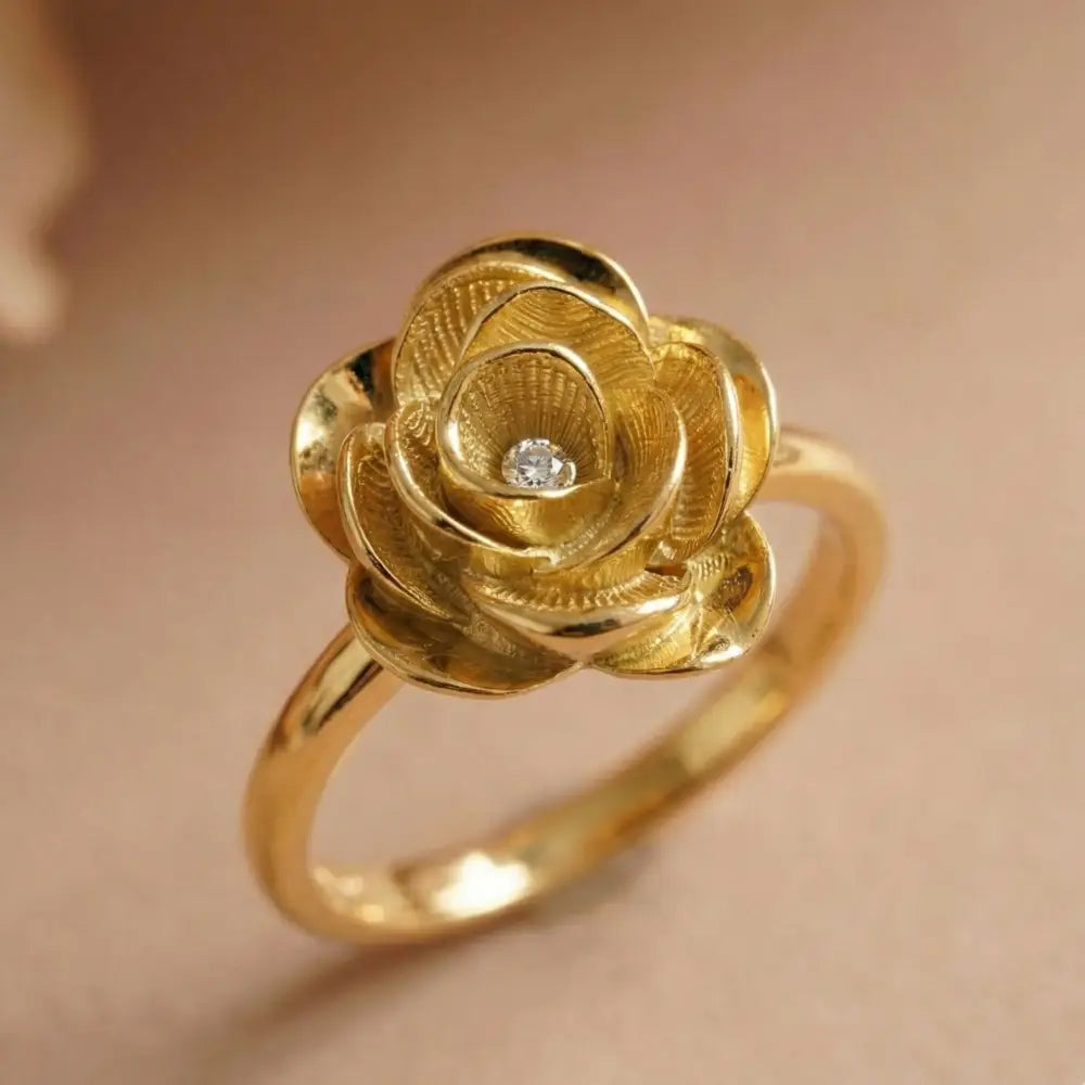 14K Solid Gold Rose Ring 1.8mm Yellow Floral Band for Lover 3D Floral Cubic Zicronia Accent Statement Jewelry for Her