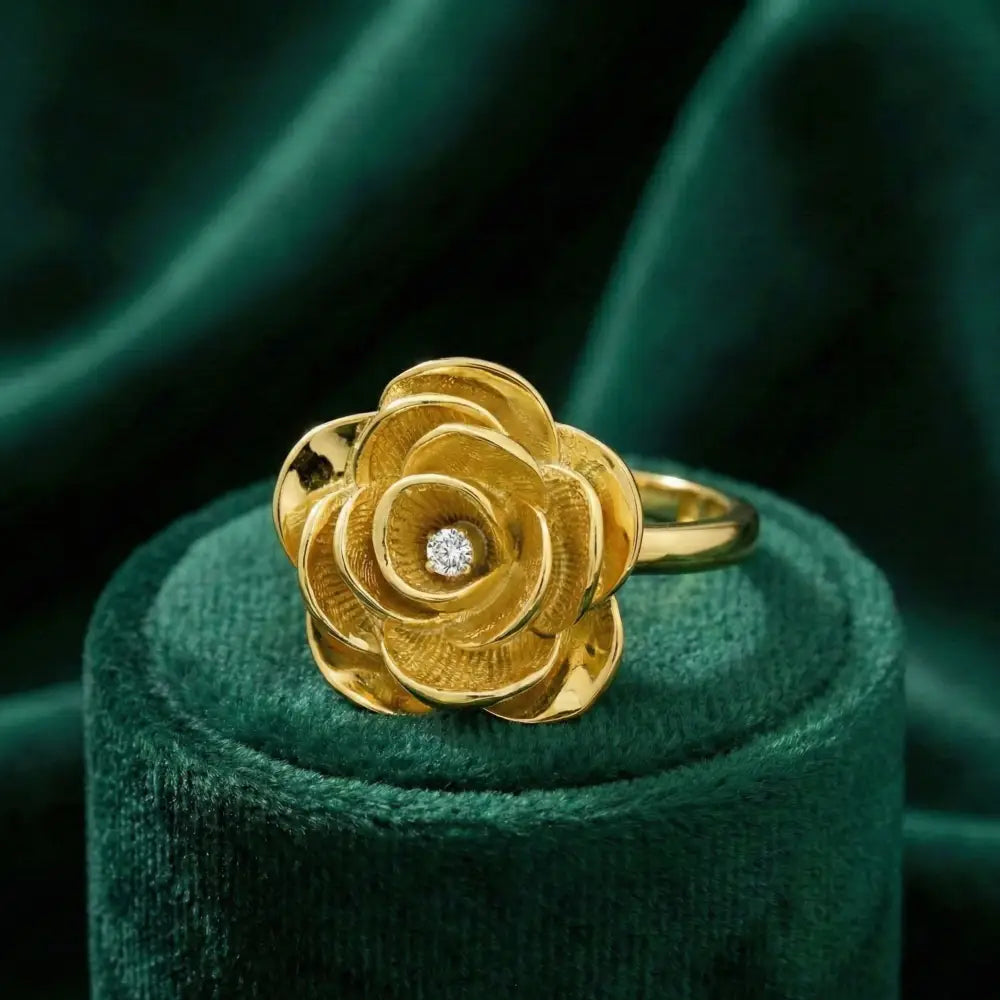 14K Solid Gold Rose Ring 1.8mm Yellow Floral Band for Lover 3D Floral Cubic Zicronia Accent Statement Jewelry for Her