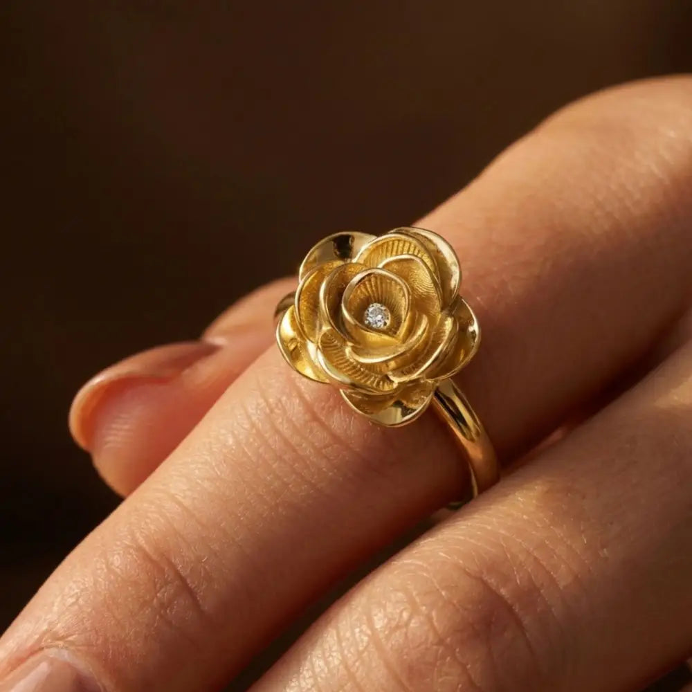 14K Solid Gold Rose Ring 1.8mm Yellow Floral Band for Lover 3D Floral Cubic Zicronia Accent Statement Jewelry for Her
