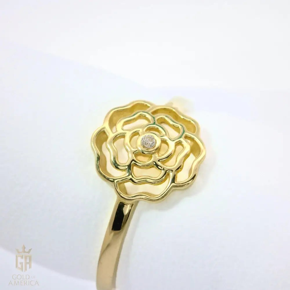 14K Solid Gold Rose Ring with Simulated Diamonds – Floral Nature Inspired Jewelry for Women