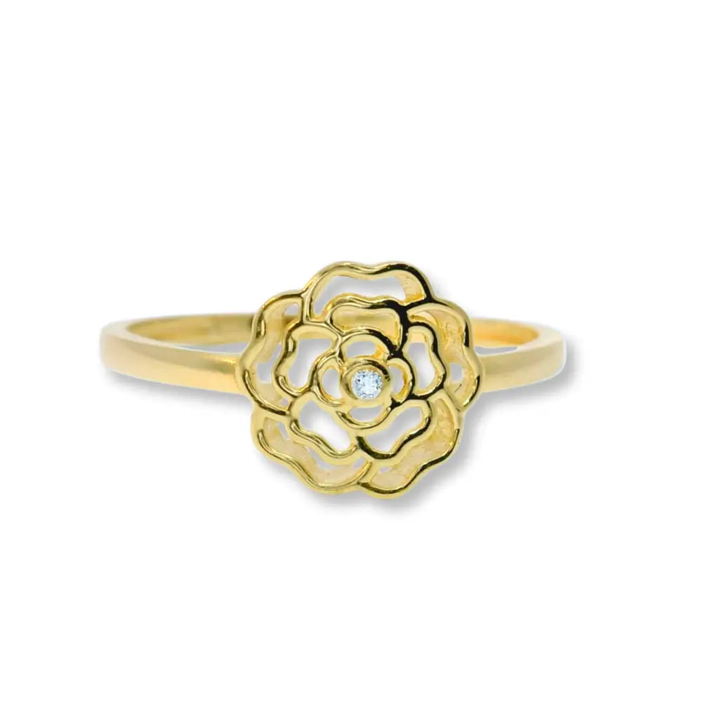 14K Solid Gold Rose Ring with Simulated Diamonds – Floral Nature Inspired Jewelry for Women