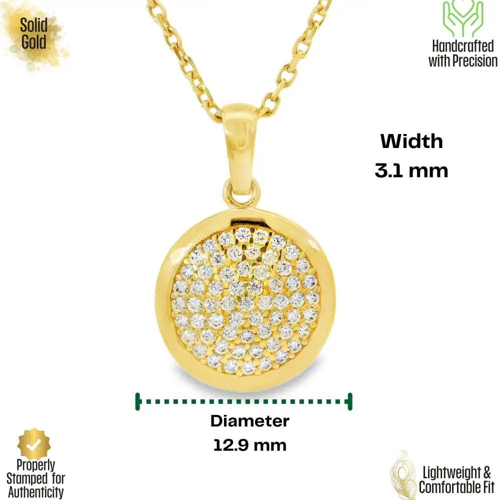 14K Solid Gold Round Pave CZ Necklace Sparkling Circle Pendant Minimalist Halo Jewelry Eternity Disc Wedding Gift