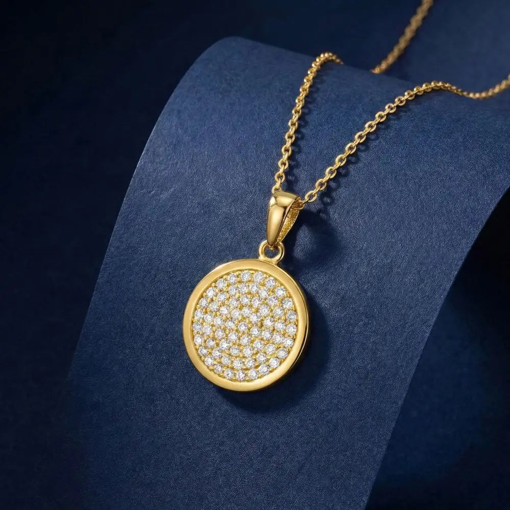 14K Solid Gold Round Pave CZ Necklace Sparkling Circle Pendant Minimalist Halo Jewelry Eternity Disc Wedding Gift