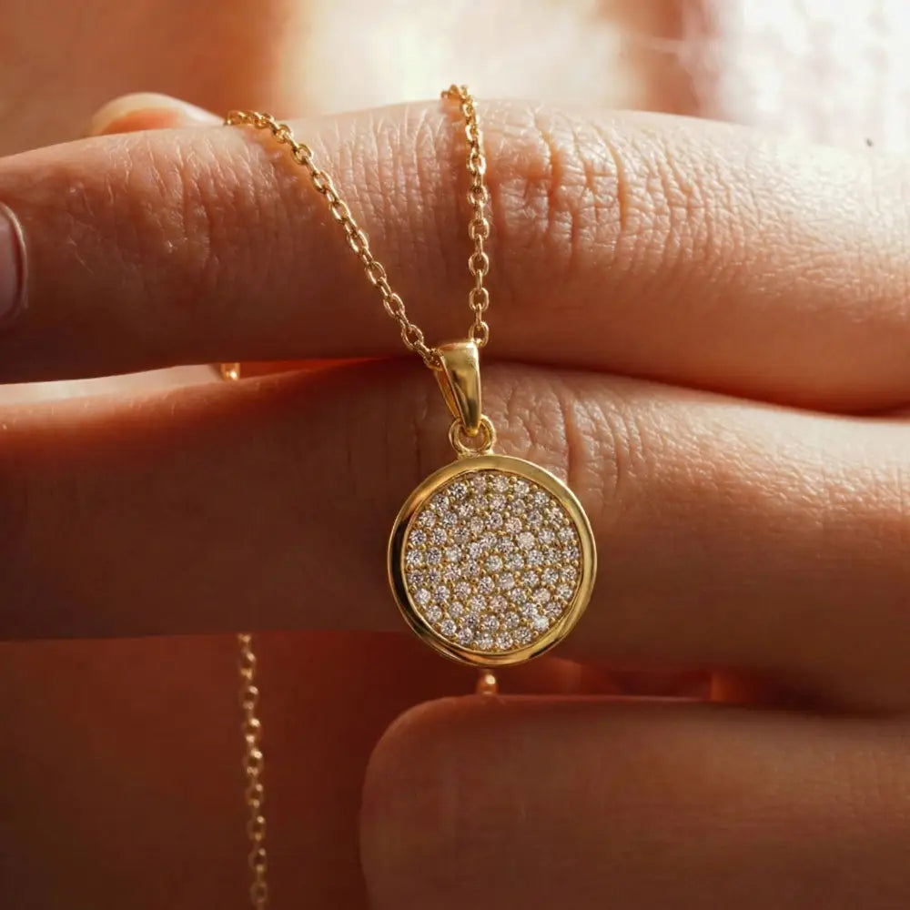 14K Solid Gold Round Pave CZ Necklace Sparkling Circle Pendant Minimalist Halo Jewelry Eternity Disc Wedding Gift